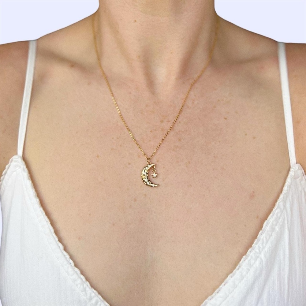 Gold Plated Crescent Moon with Dangly Star Pendant Necklace 🌙